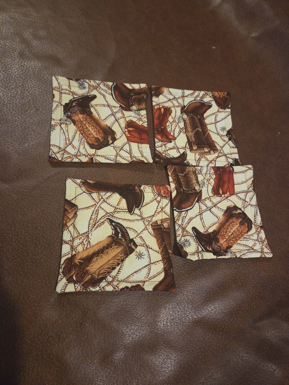 Cowboy Boot Print Fabric Coasters - Tan and Brown Set Of 4